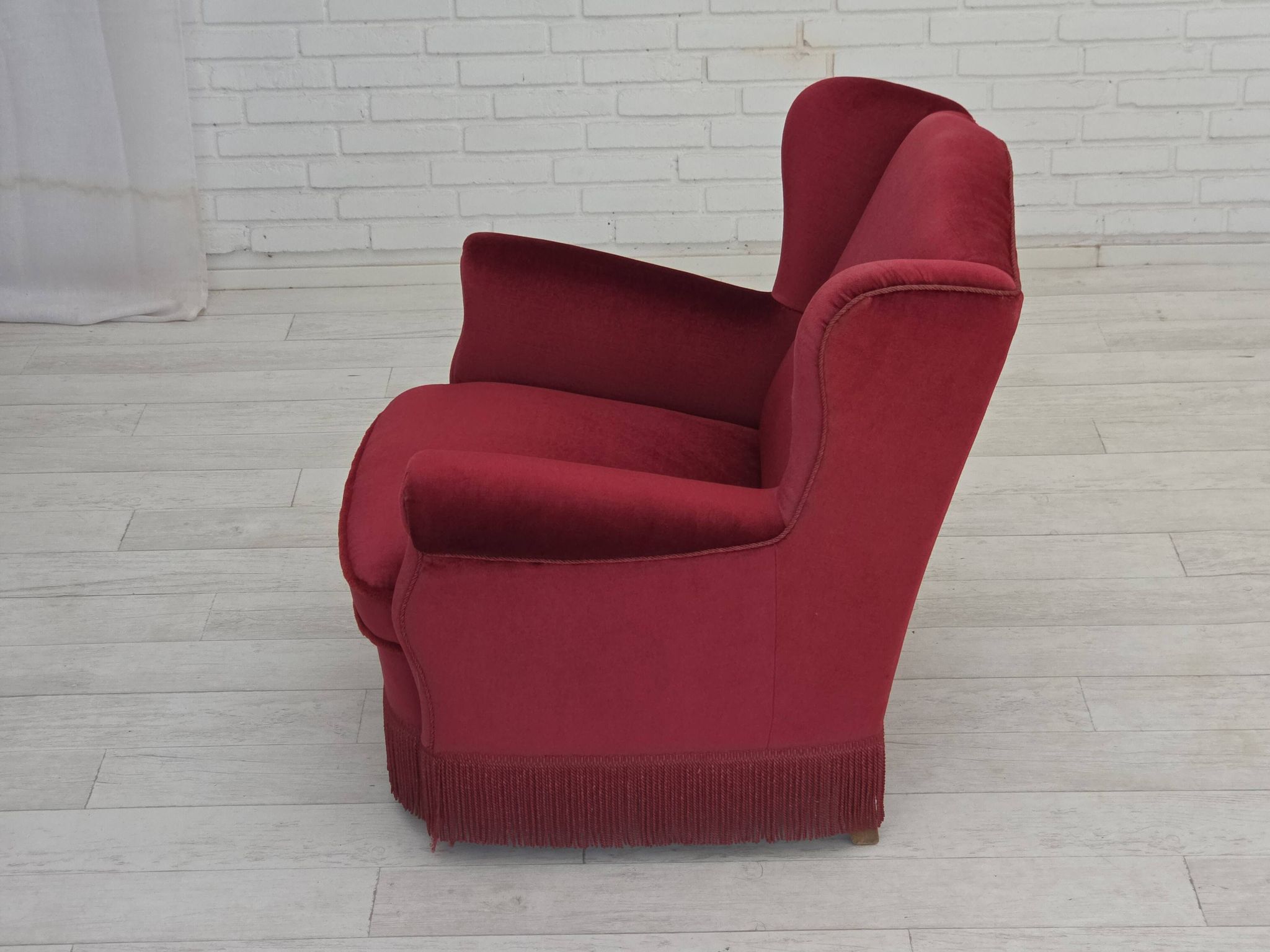 1960s, Danish armchair, red furniture velour, beech wood legs.