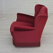 1960s, Danish armchair, red furniture velour, beech wood legs.