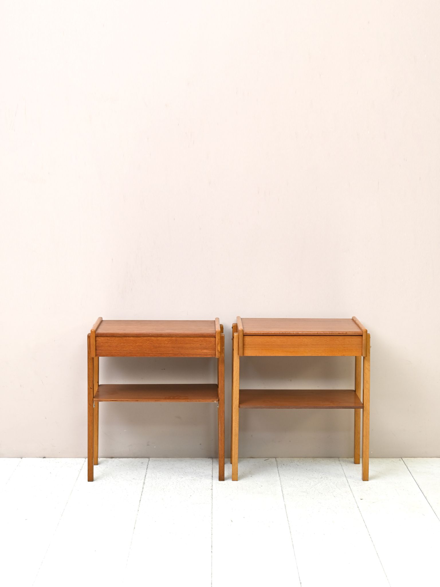 Vintage nightstands signed AB Carlstrom with drawer and magazine rack