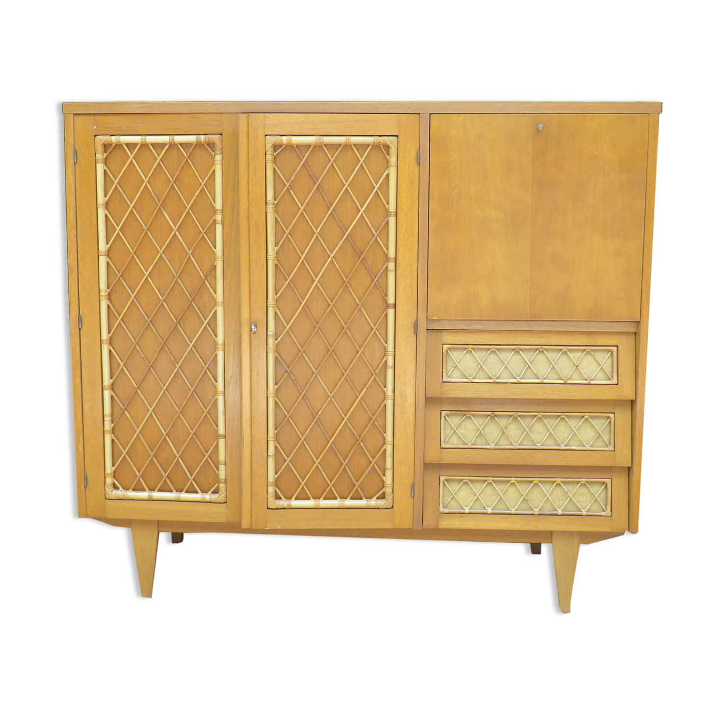 Wardrobe secretary child 60s wood and rattan feet compass