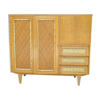 Wardrobe secretary child 60s wood and rattan feet compass