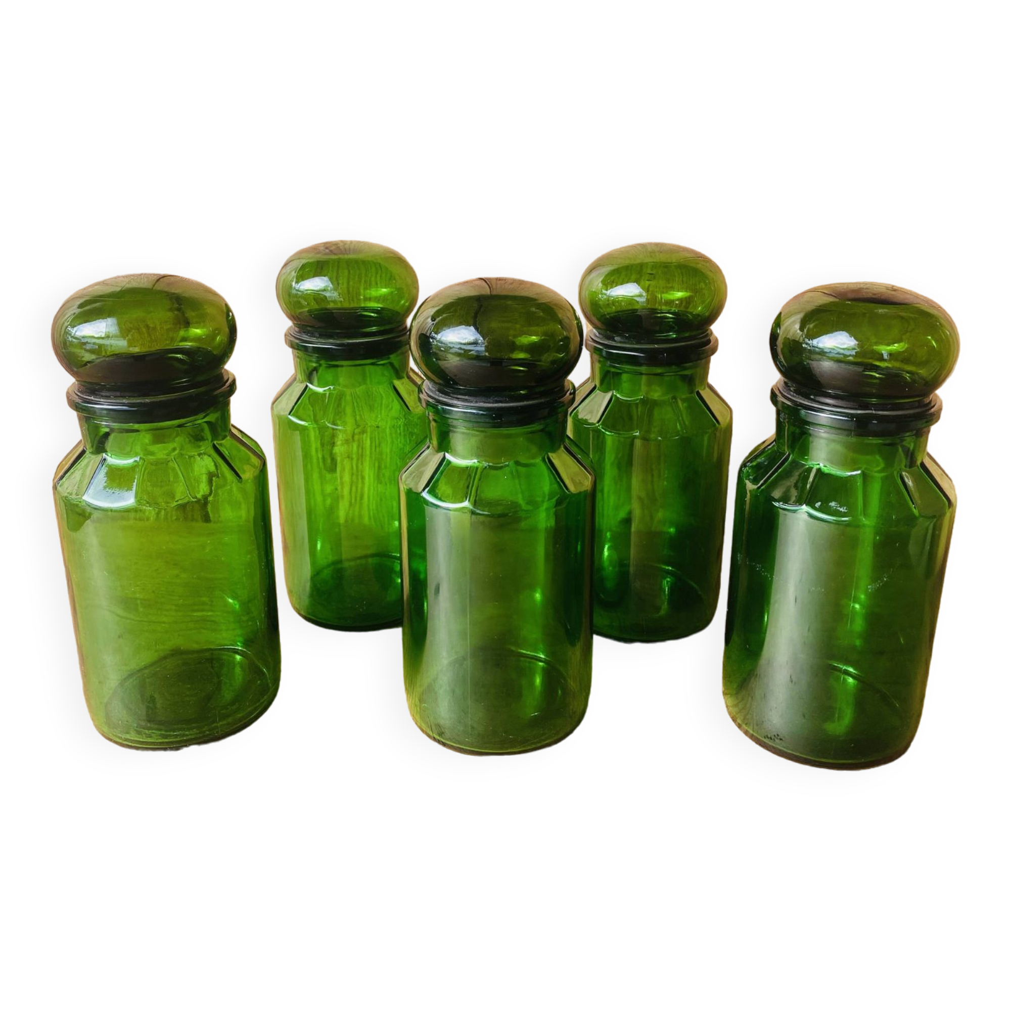 Lot de 5 pots vintage en verre vert