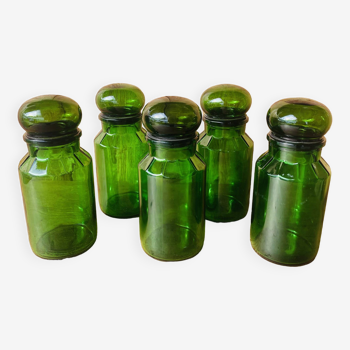 Set of 5 vintage green glass jars