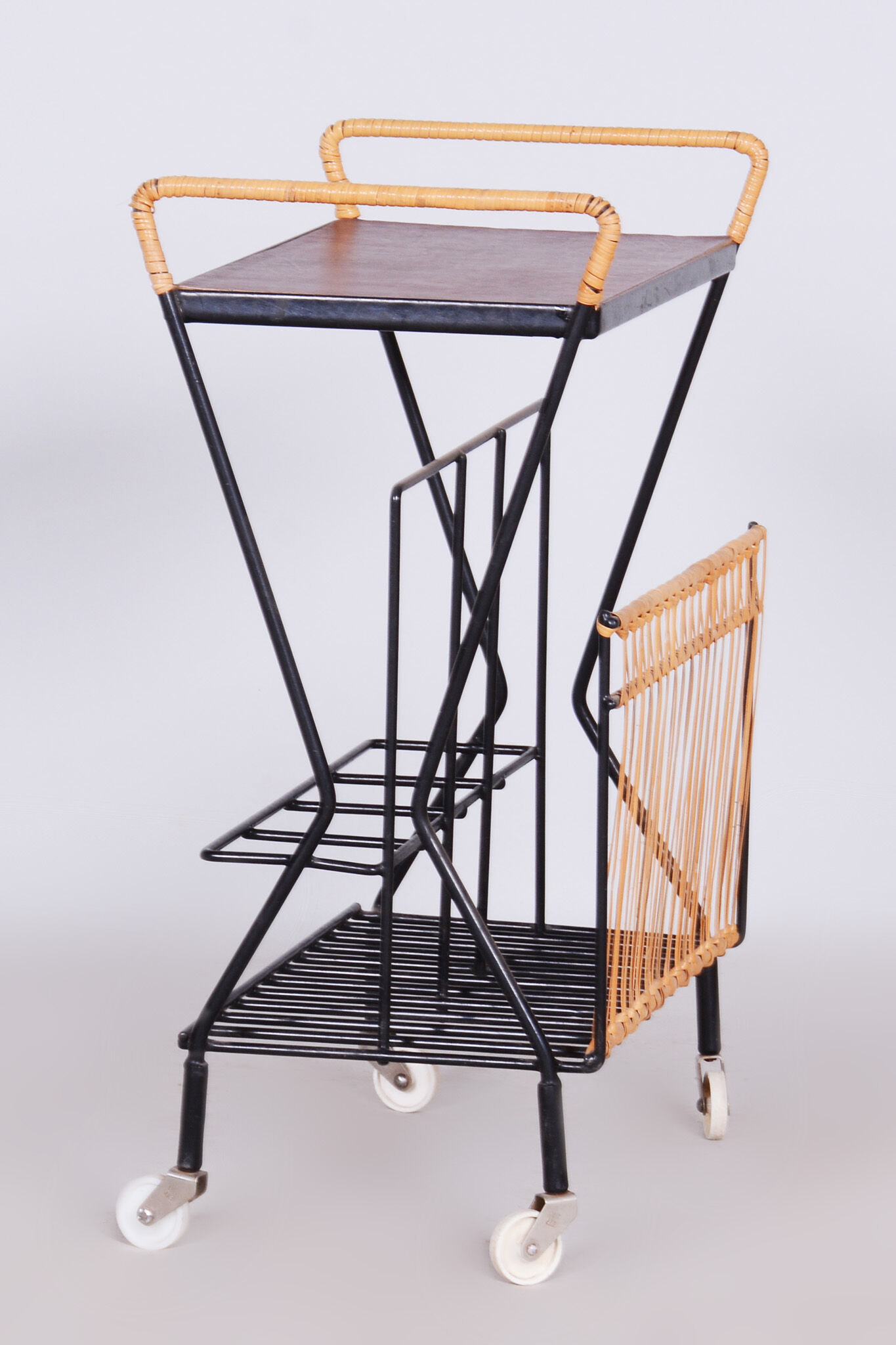 Original midcentury side table, metal, rattan, scandinavia, 1960s