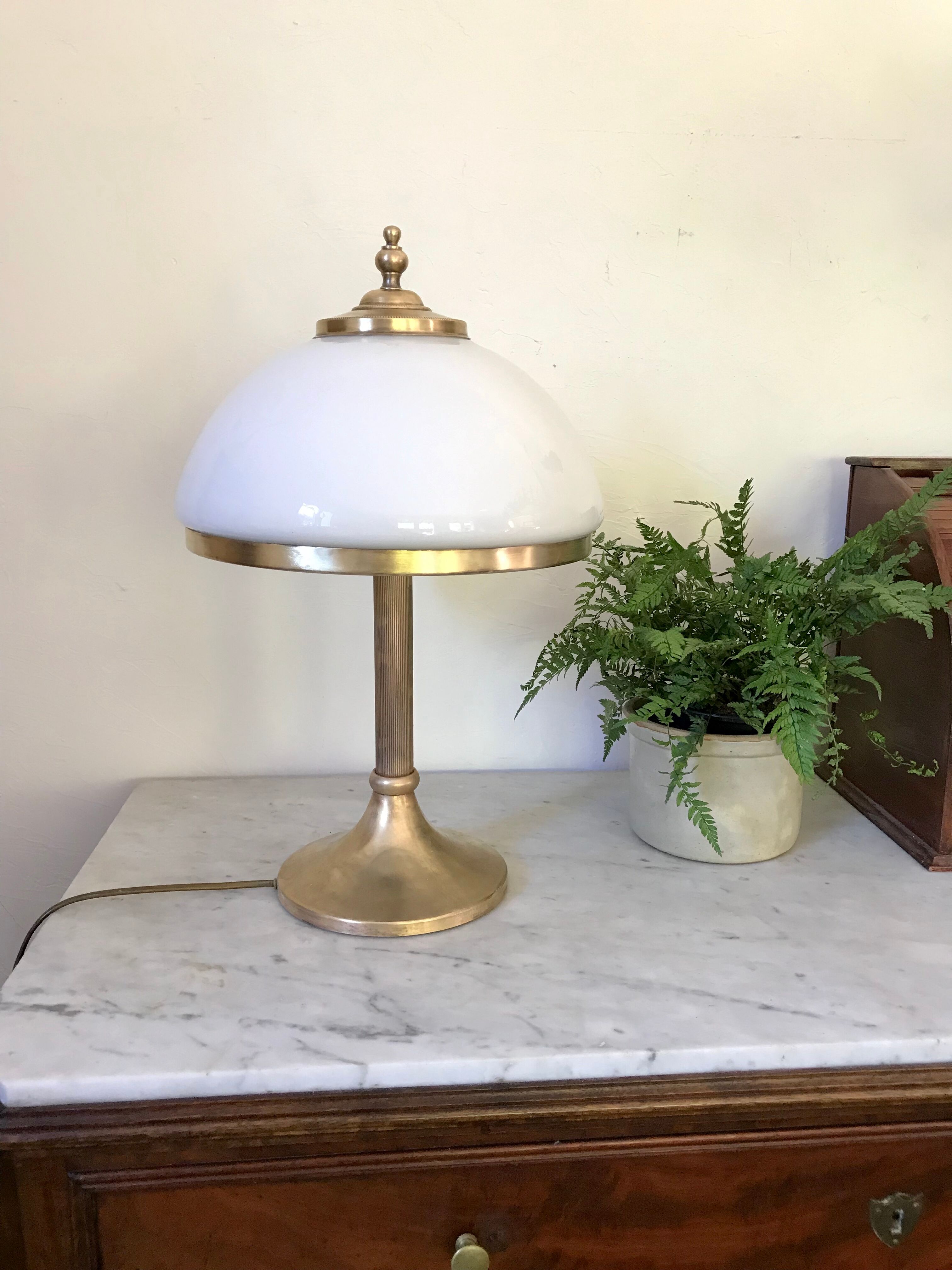 Vintage brass mushroom lamp and opaline