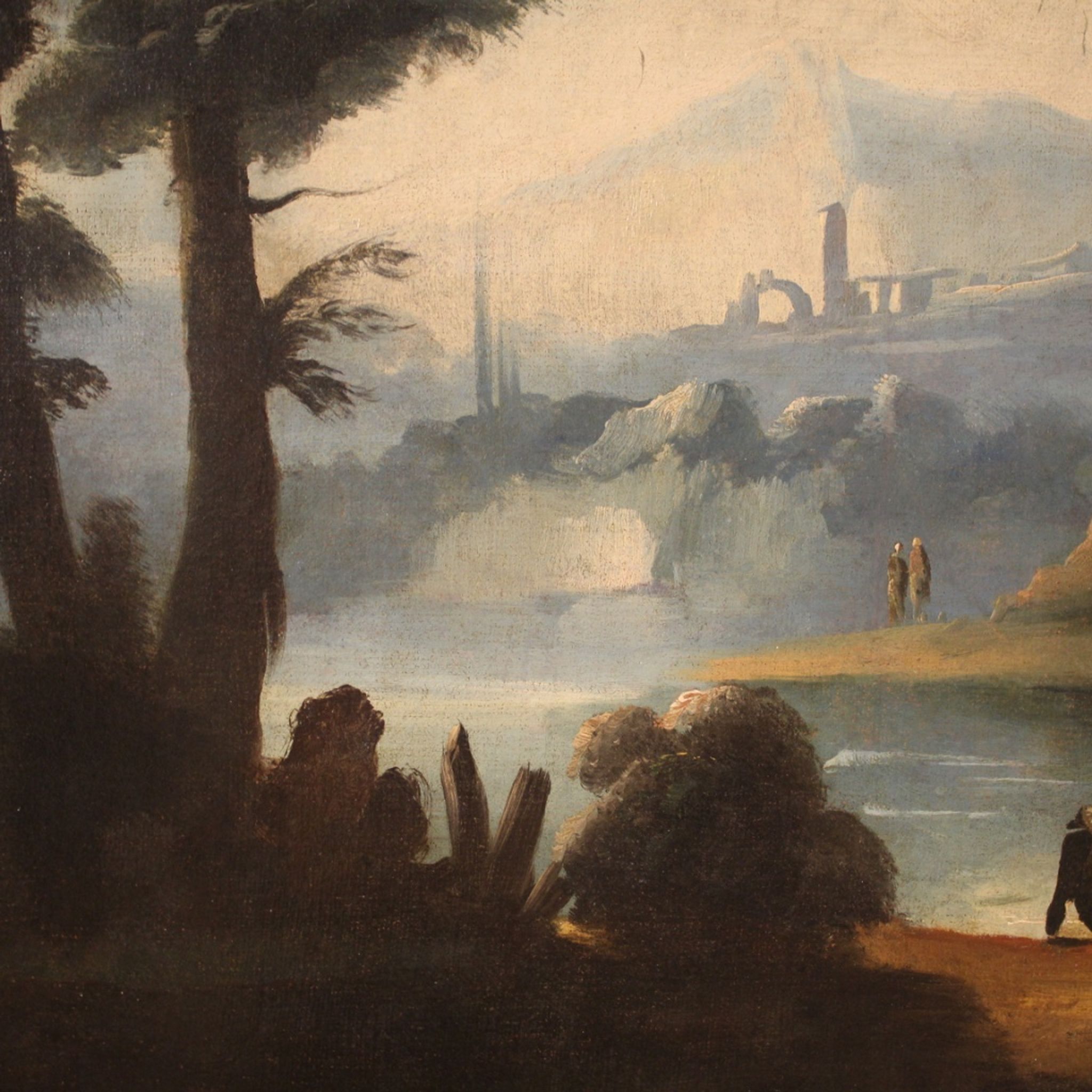 Antique painting river landscape with ruins and fishermen from the XVIIIth century