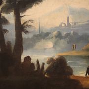 Antique painting river landscape with ruins and fishermen from the XVIIIth century
