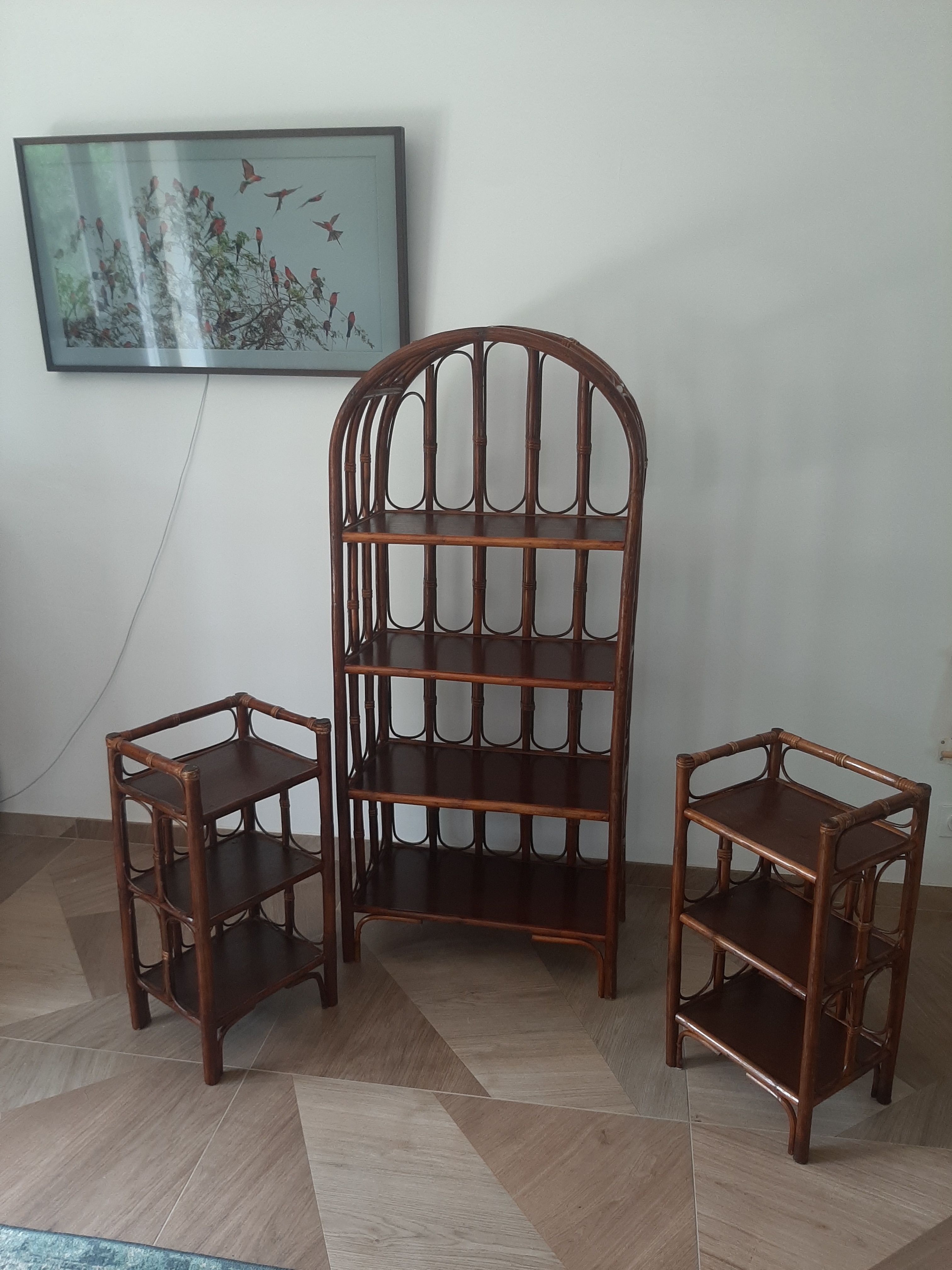 Vintage library 4 levels - wood, bamboo and rattan - retro 80s