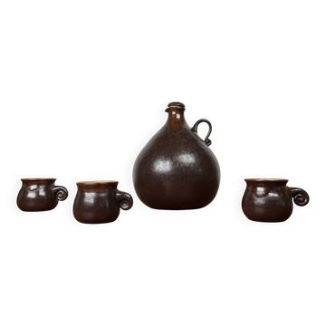 Jarre en céramique de studio allemande Mid-Century Modern avec tasses par Melitta Teubner, années 1960, ensemble de 4