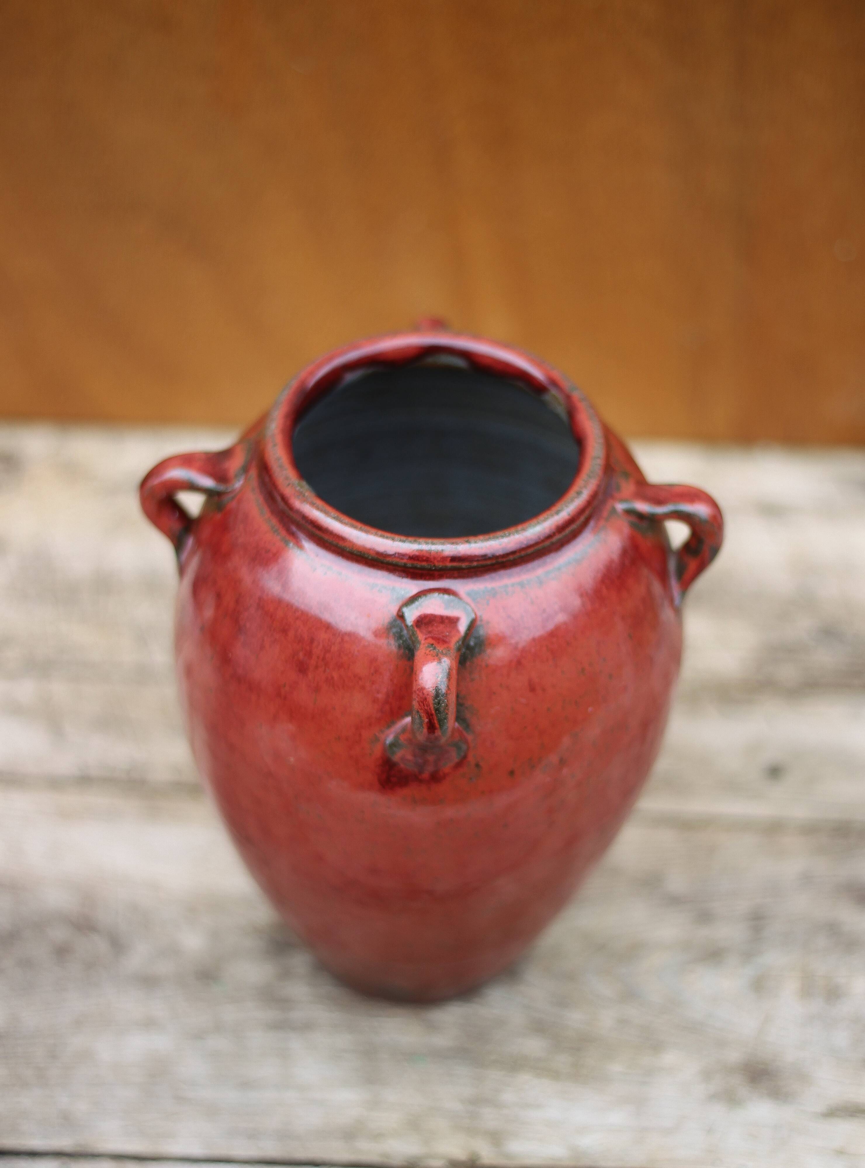 Ox blood red glazed sandstone vase, signed vase, vintage flower pot, vase with handles, collection