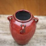 Vase grès vernissé rouge sang de boeuf, vase signé, pot à fleurs vintage, vase à anses, collection