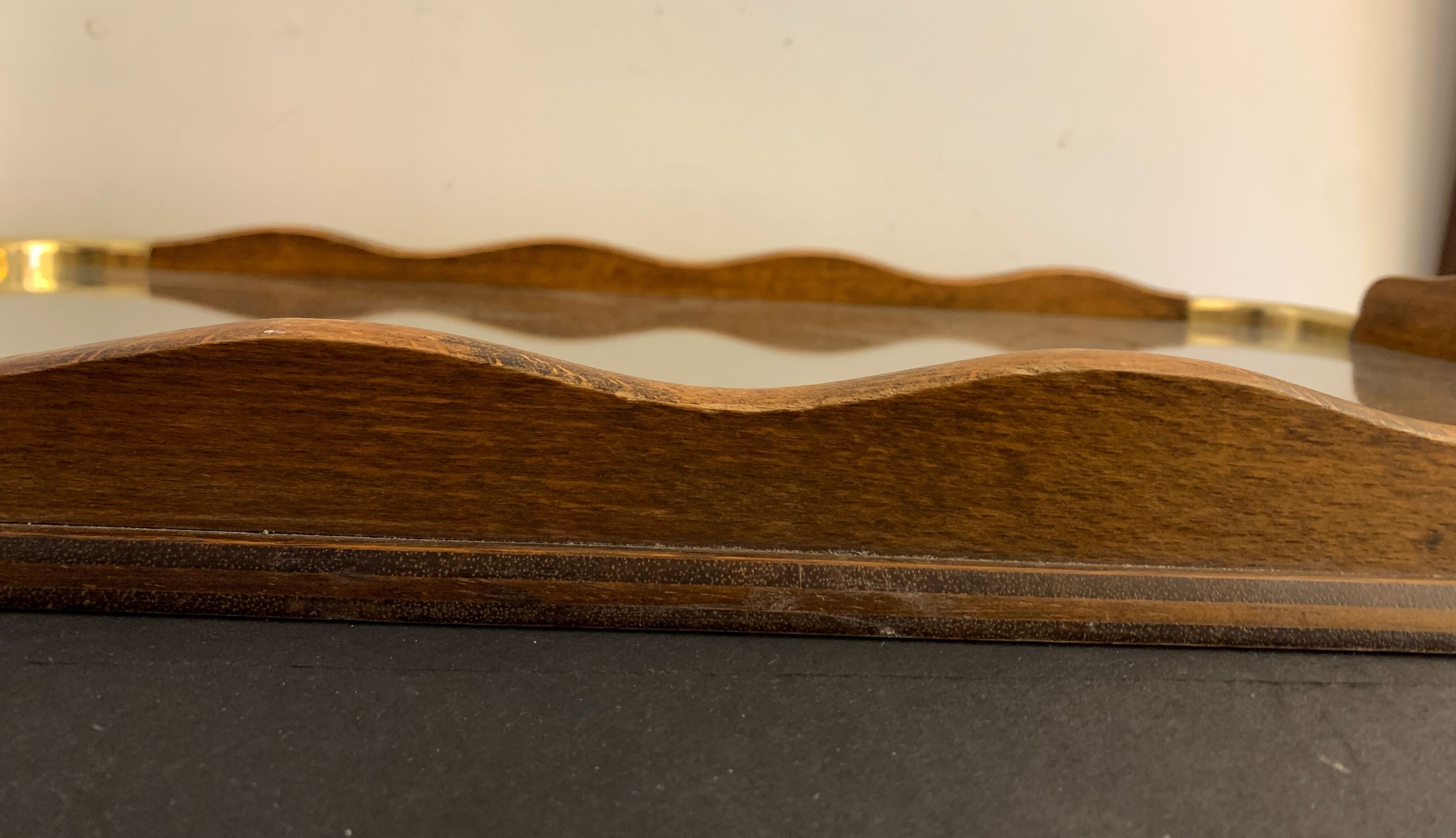 Serving tray in wood, brass and glass, 1960