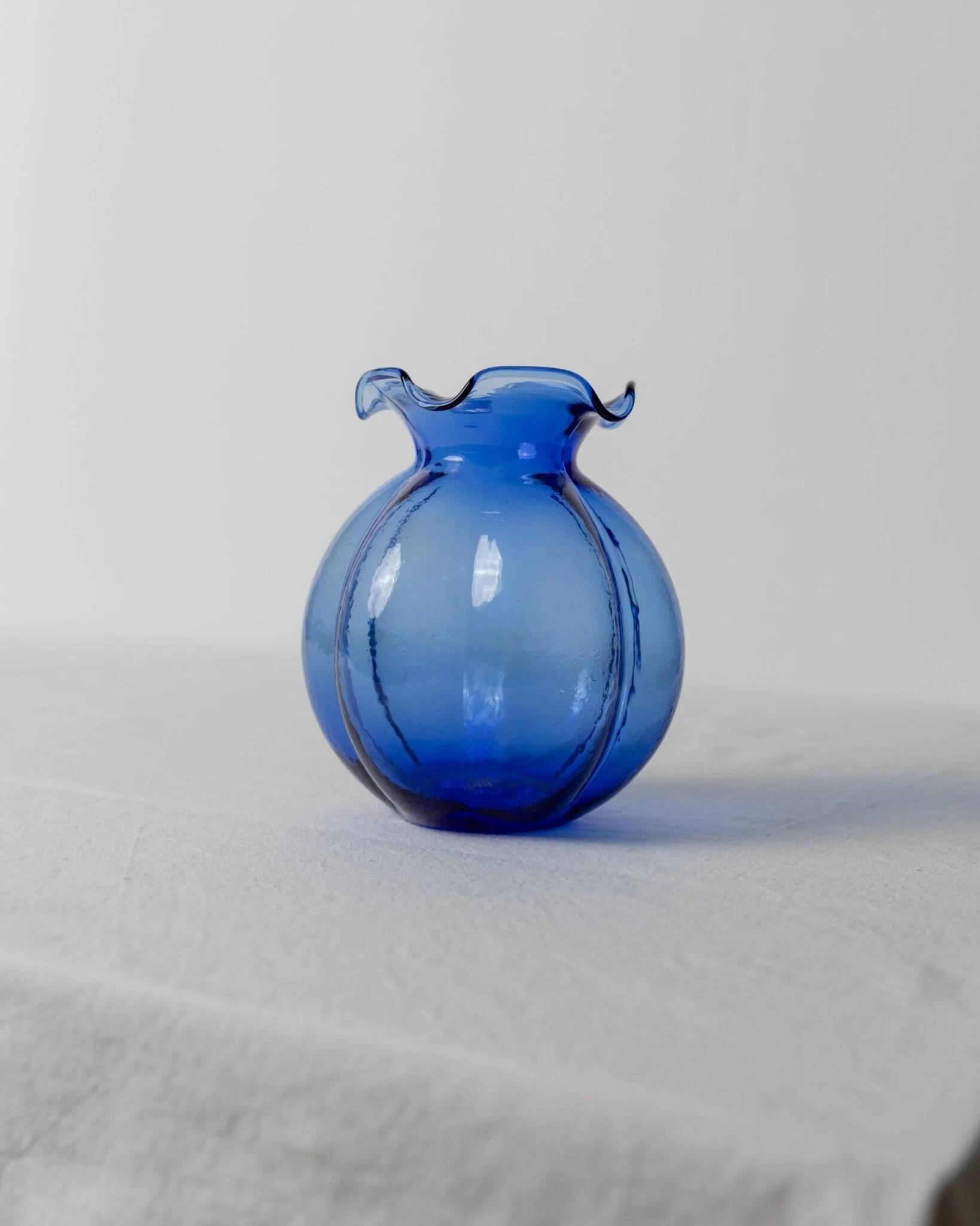 Cobalt Blue Hazel Atlas Glass Vase, 1930s Bulbous Form with Ruffled Lip and Embossed Underside