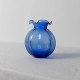 Cobalt Blue Hazel Atlas Glass Vase, 1930s Bulbous Form with Ruffled Lip and Embossed Underside