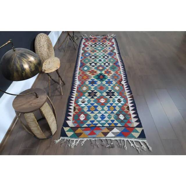 Turkish Vintage Oushak Runner Handwoven Wool Colorful Runner Rug 97x302