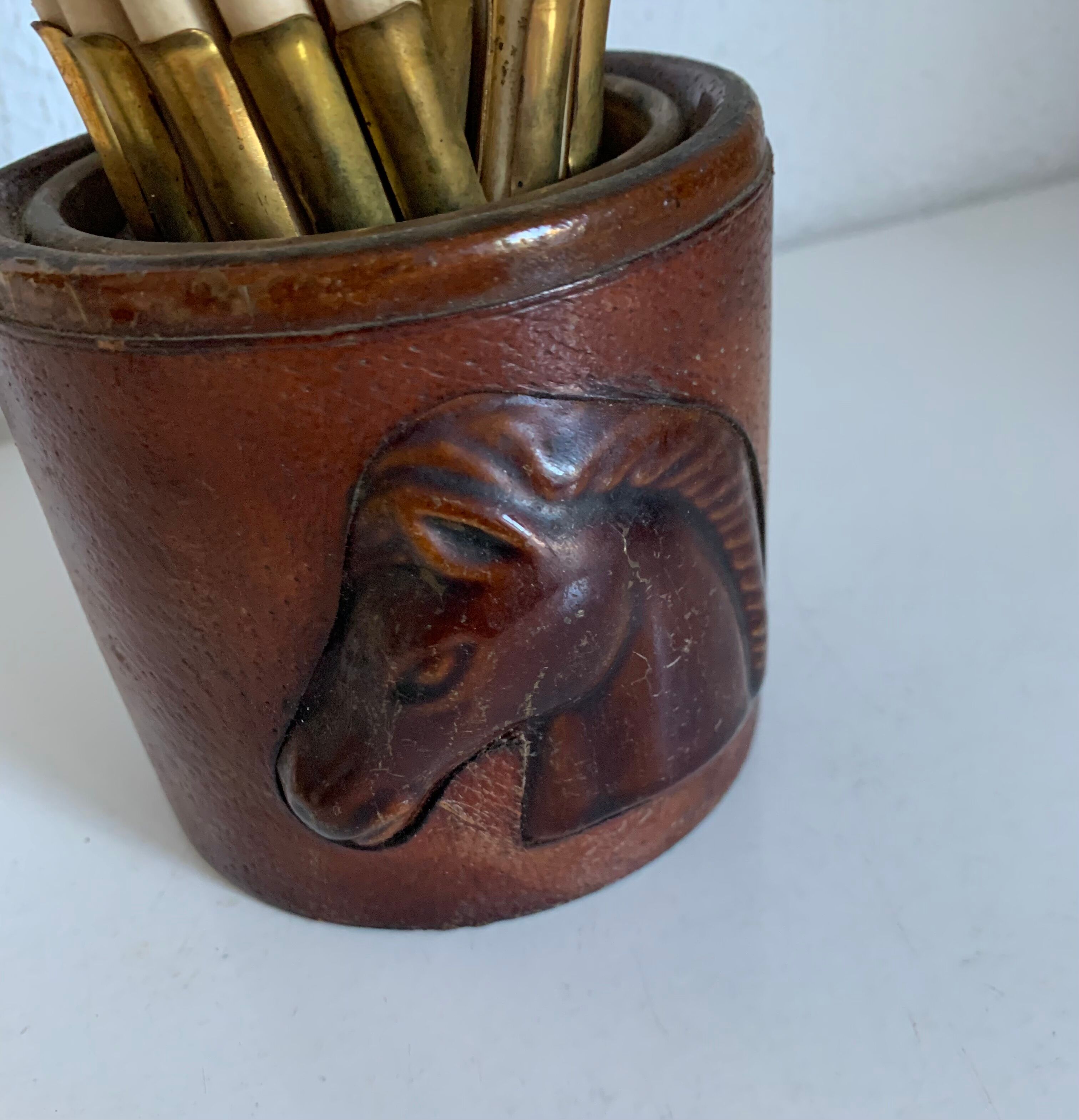Vintage cigarette holder 1960 Longchamp leather horse - 11 x 10 cm