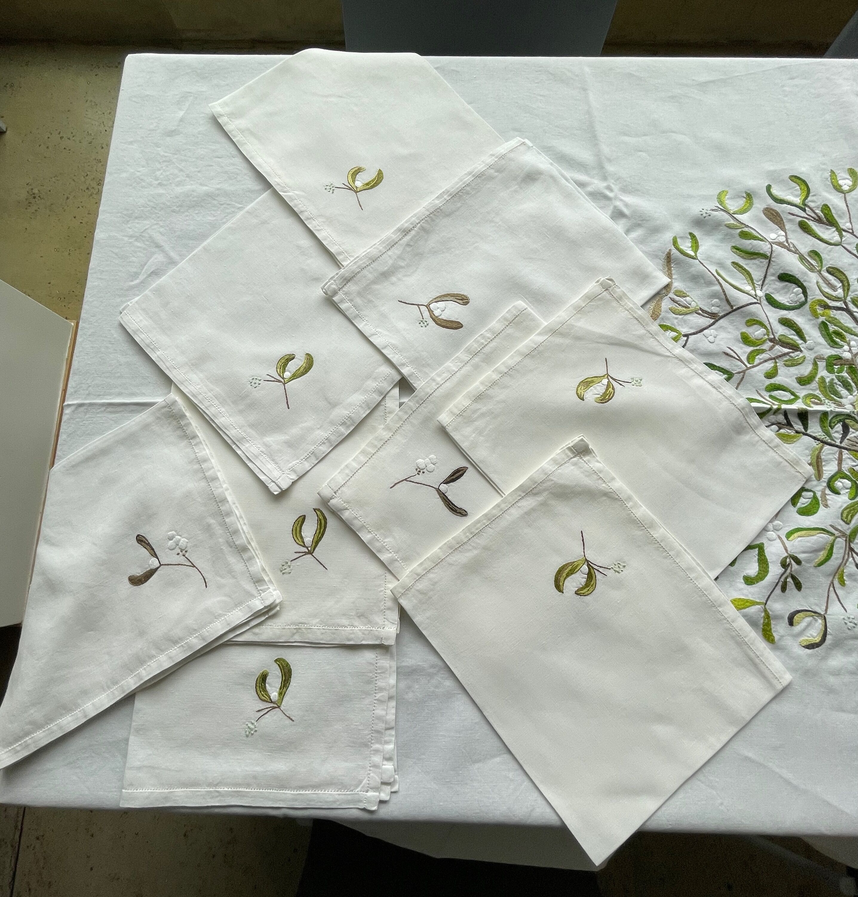 Hand-embroidered tablecloth on rectangular thread canvas