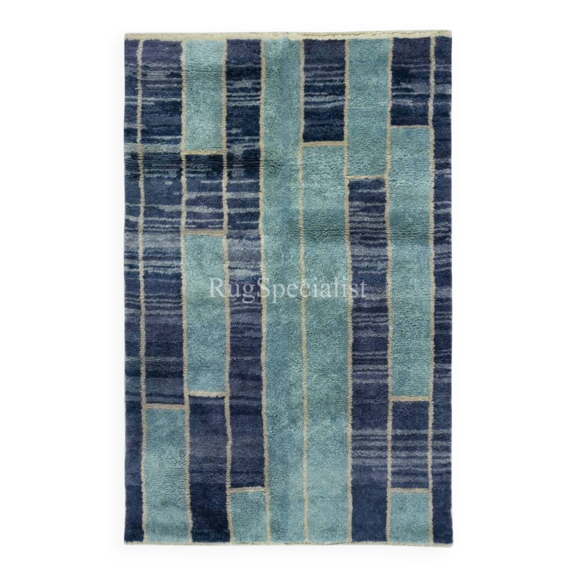 Contemporary Hand-Knotted Tulu Rug in Blue Tones, 100% Wool, Custom Options Available
