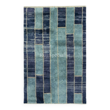 Contemporary Hand-Knotted Tulu Rug in Blue Tones, 100% Wool, Custom Options Available