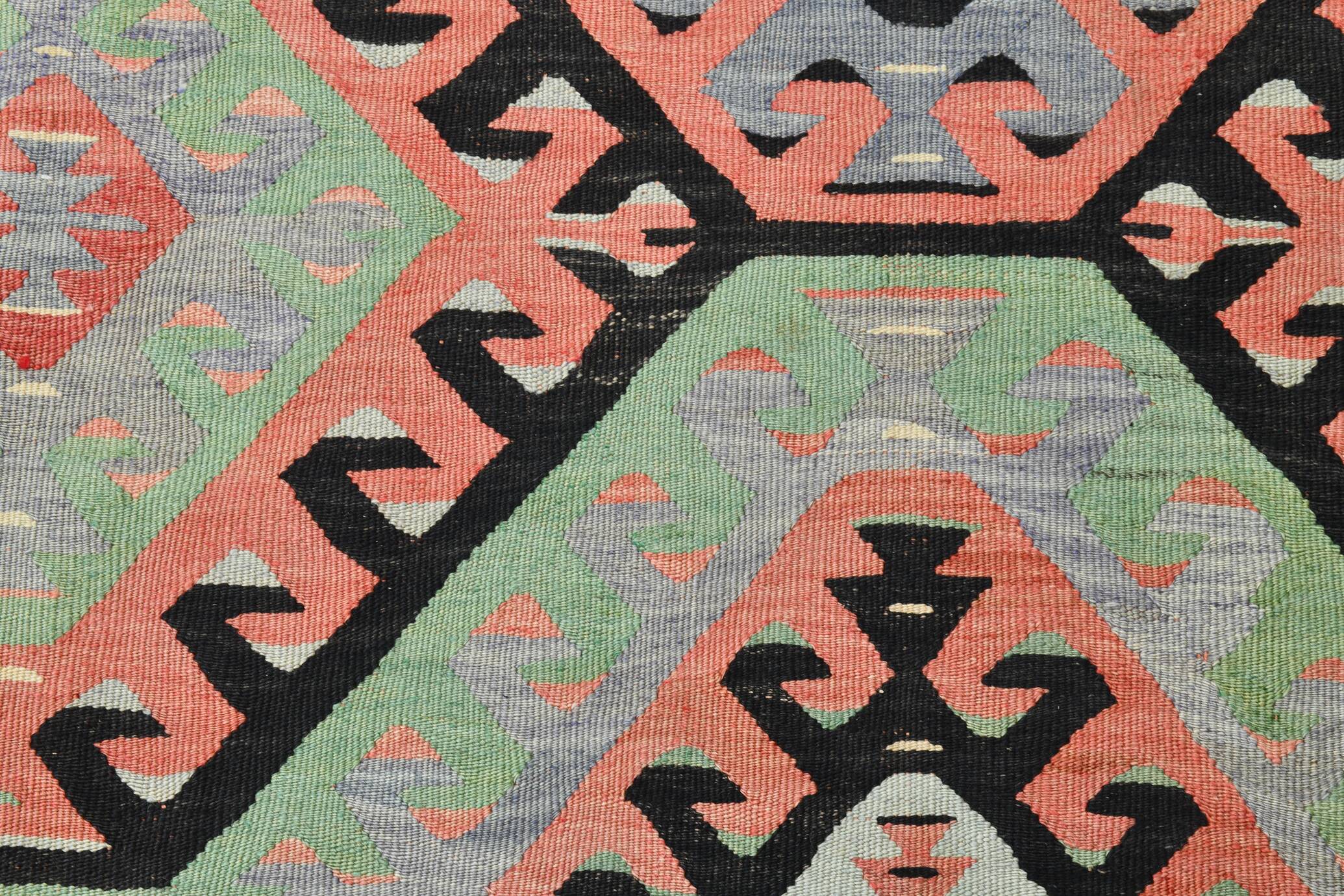 Tapis Kilim Vintage Pastel Fait Main, Motifs Géométriques Turcs, 175x336 Cm