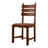 Mid-Century Brutalist Oak and Wicker Chair, Belgium, 1960