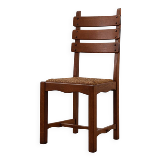 Mid-Century Brutalist Oak and Wicker Chair, Belgium, 1960