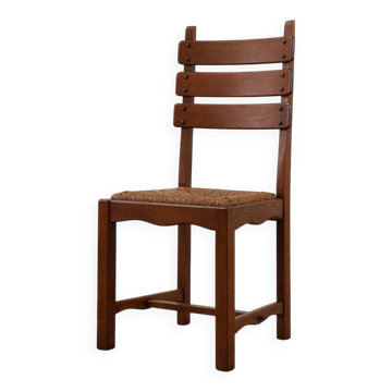 Mid-Century Brutalist Oak and Wicker Chair, Belgium, 1960