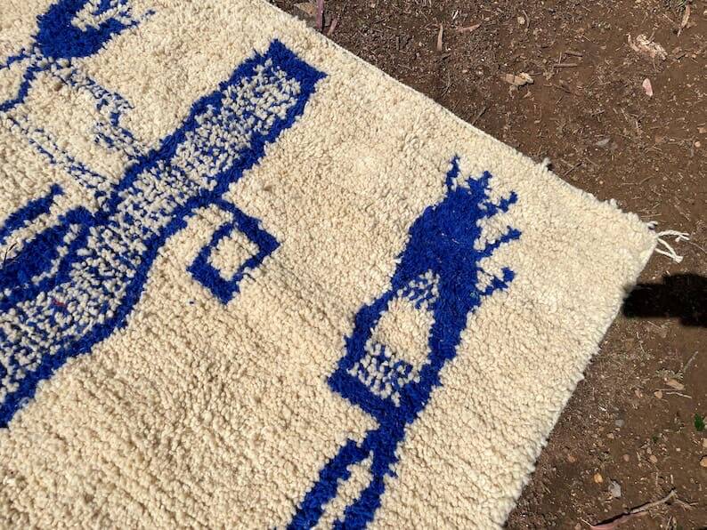 Authentic handmade Azilal Berber rug in blue and white, 2/3 m.
