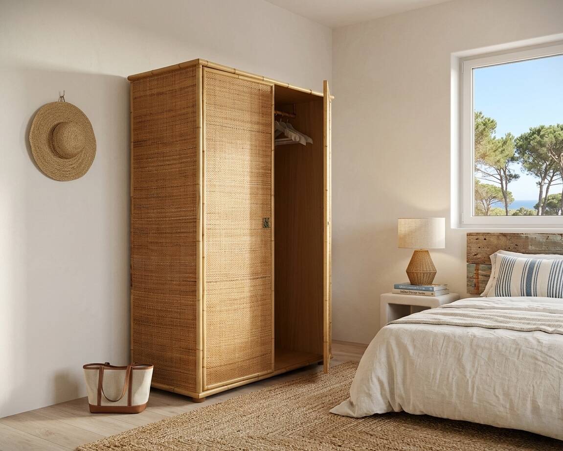 Vintage Dal Vera bamboo & rattan freestanding wardrobe 1970s