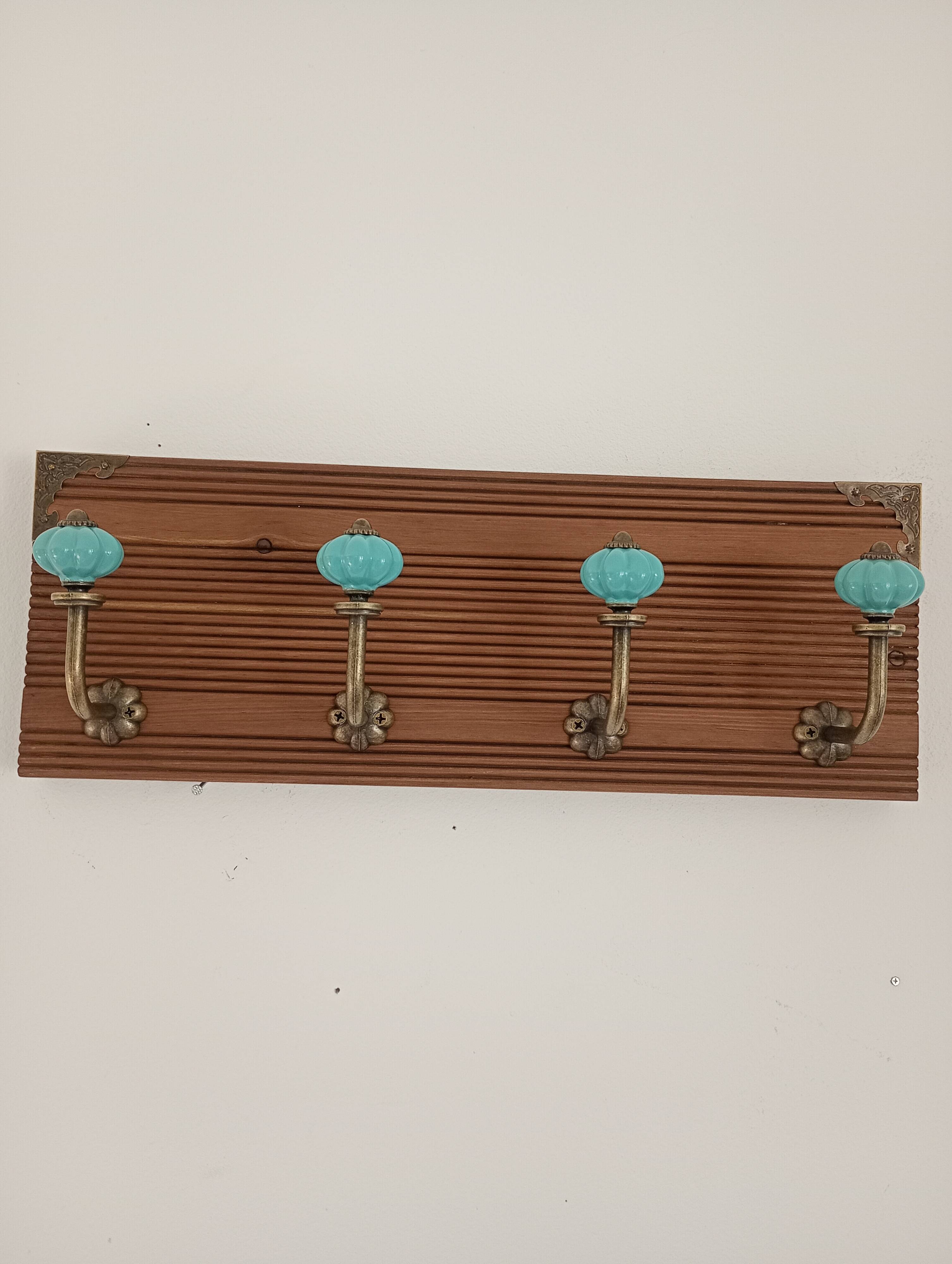 Retro vintage wall coat rack - 4 azure blue ceramic hooks