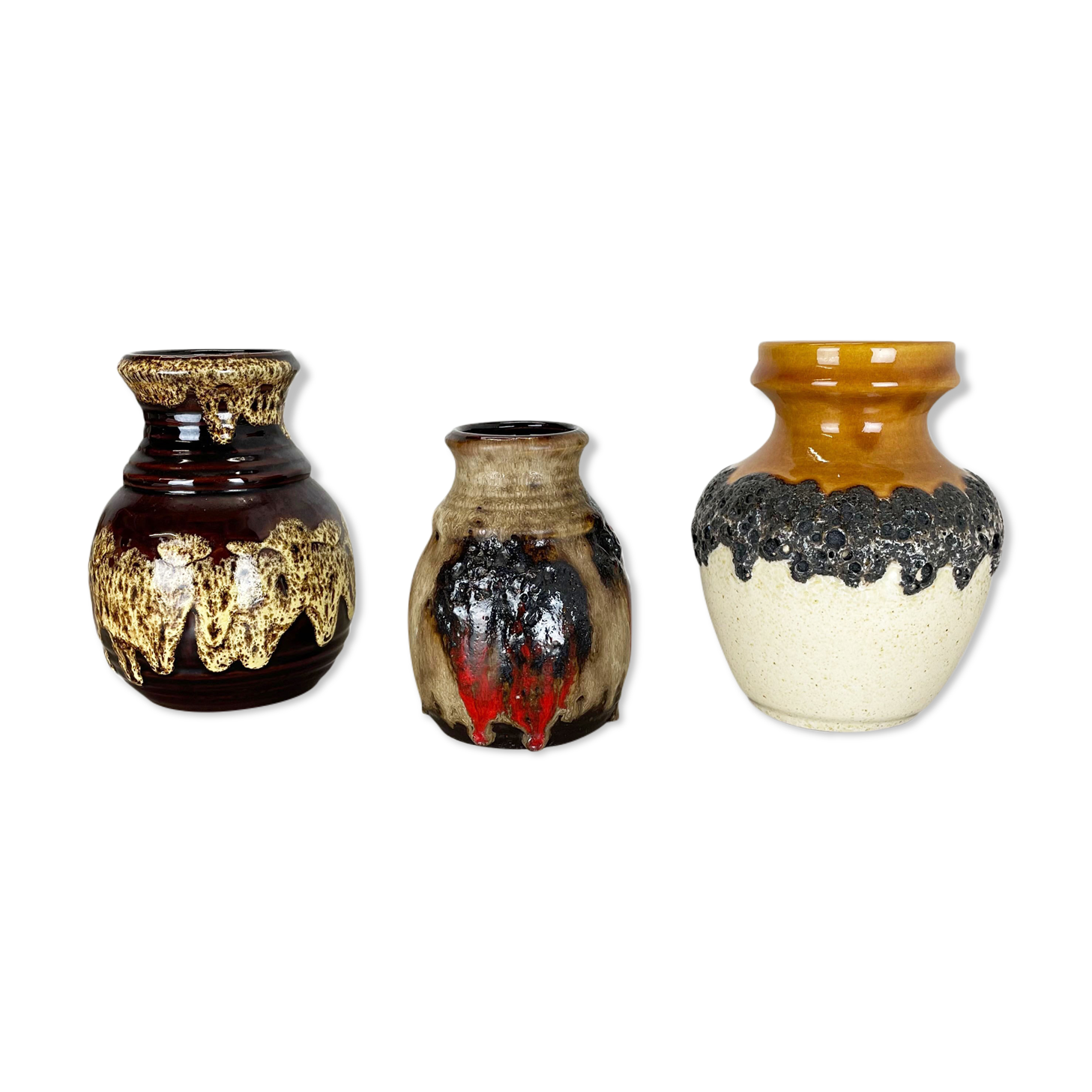 Set of 3 multi-color fat lava op art pottery vase made bay ceramics, germany