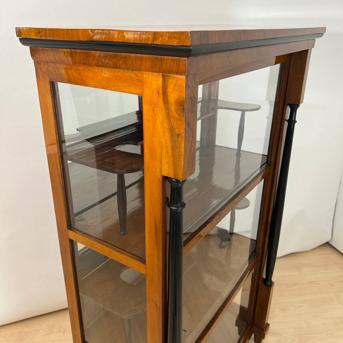 Biedermeier Vitrine in Walnut & Brass with Three Sides Glazed, South Germany, 1830