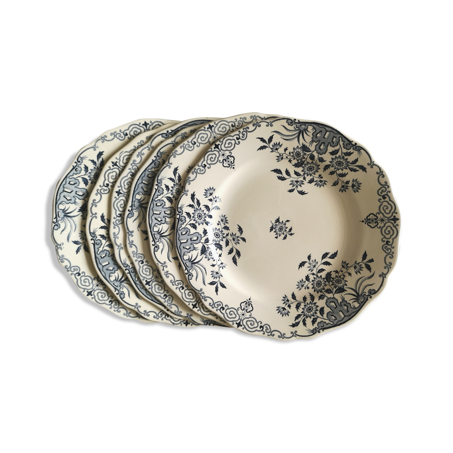 Set of 6 old flat plates, blue décor, Sarreguemines