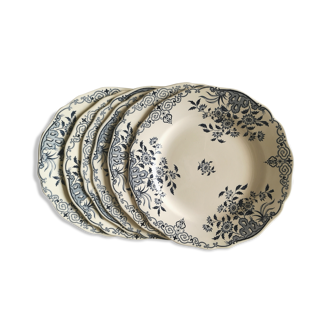 Set of 6 old flat plates, blue décor, Sarreguemines