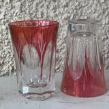 7 aperitif glasses in red and transparent glass chiseled vintage