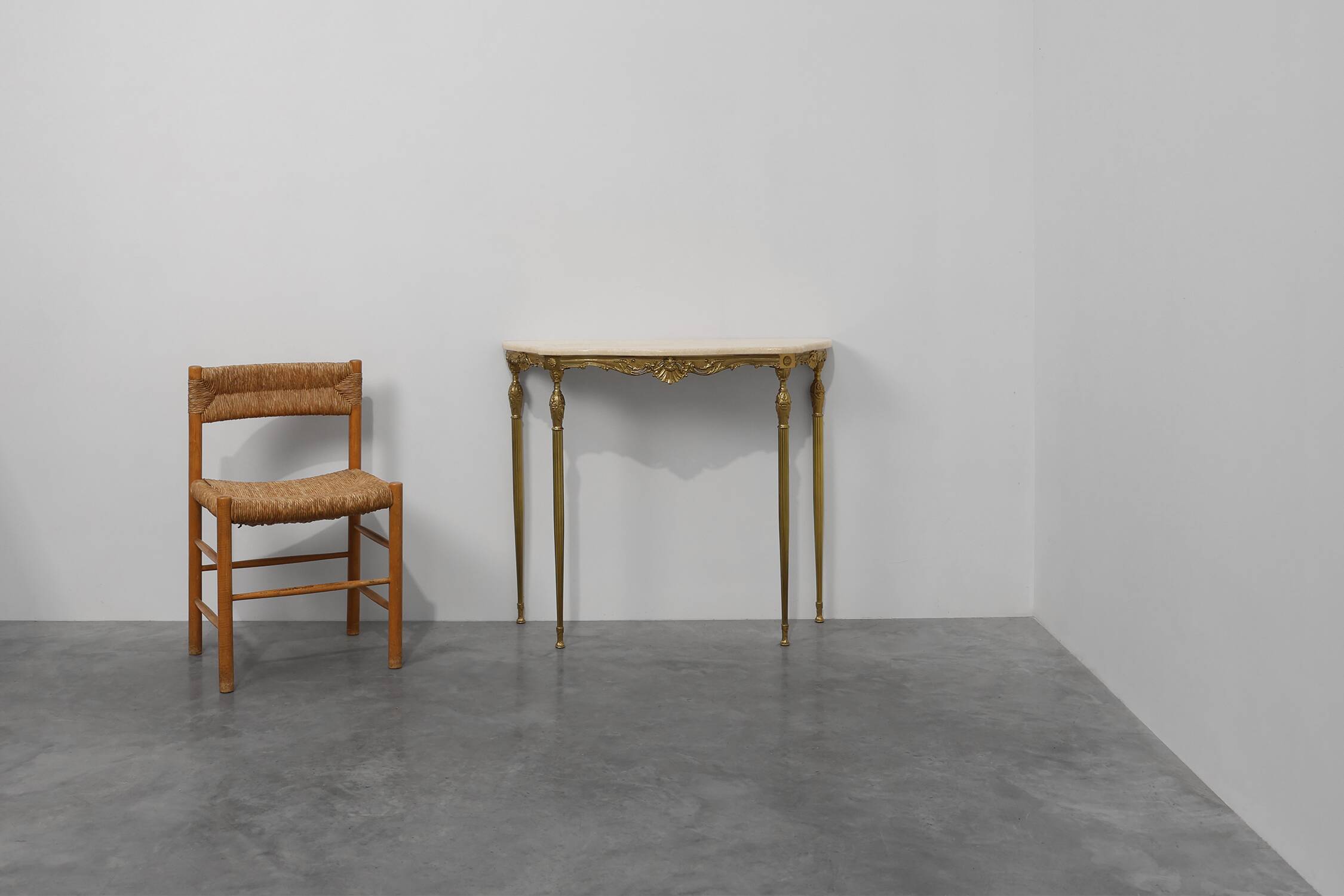 Copper Base and Travertine Top Louis XVI-Style Console Table, Italy