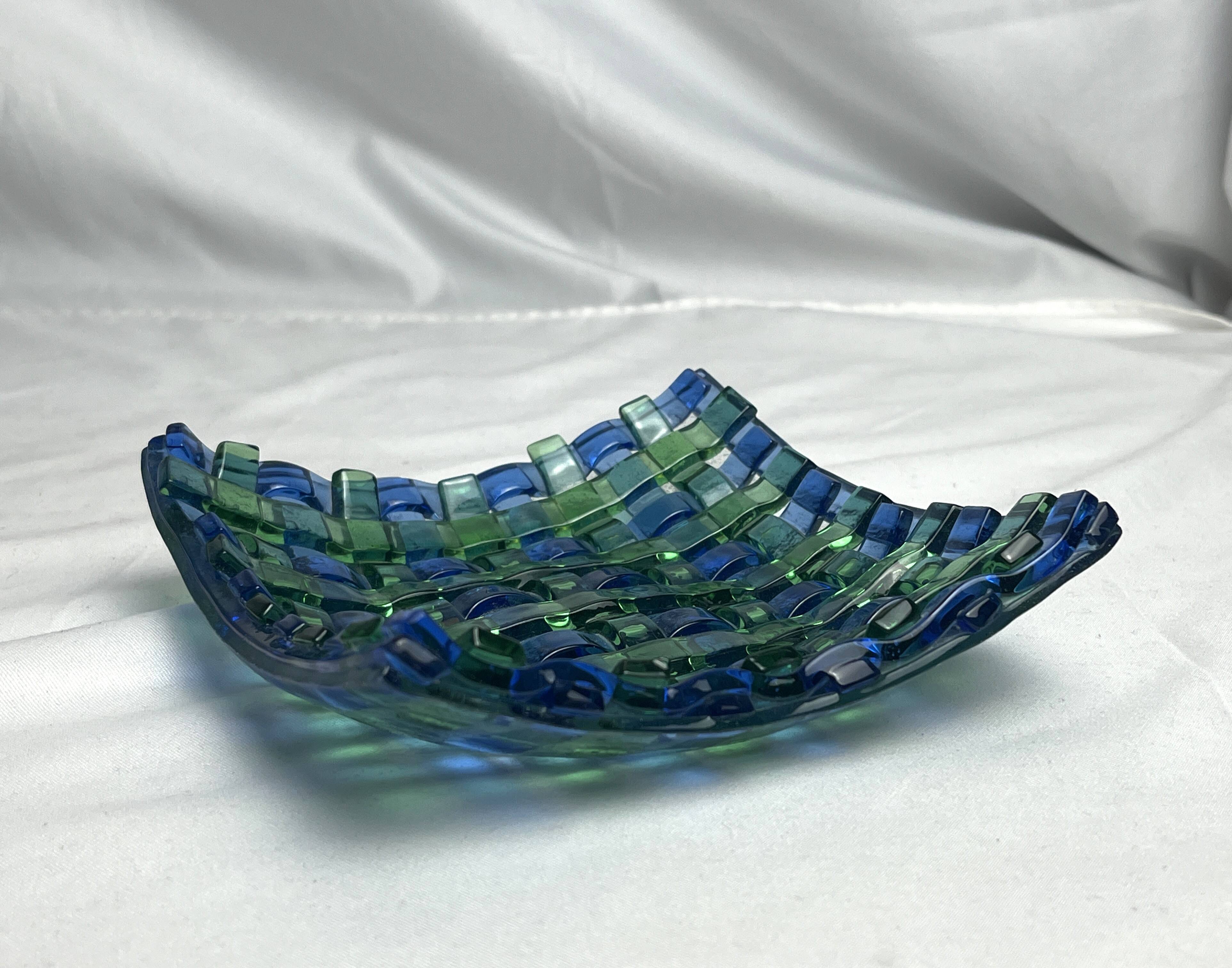 Vintage woven glass vide poche in blue and green, 20th century.