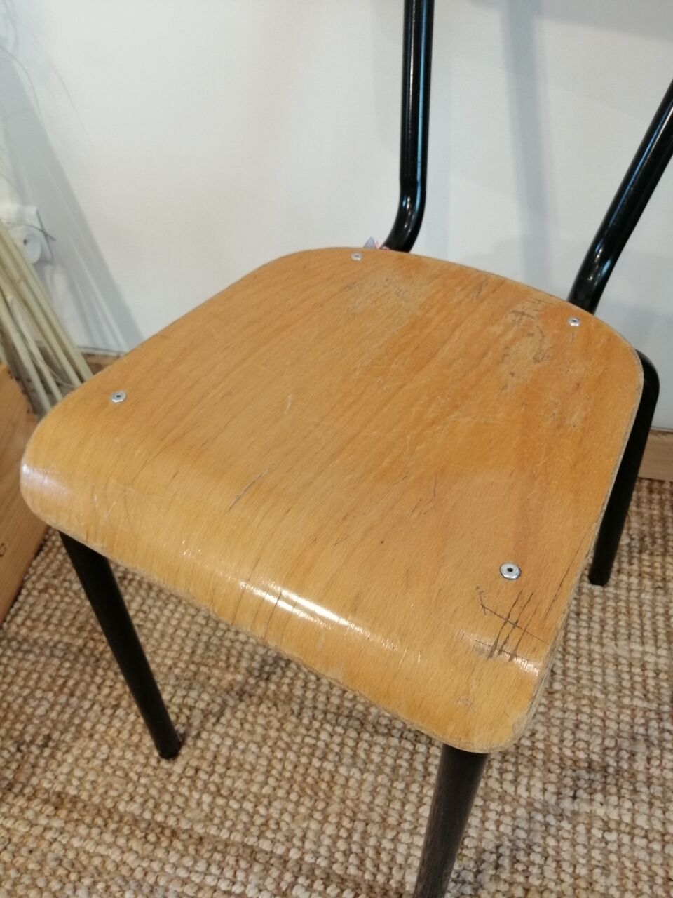 Series of 4 wooden and metal school chairs