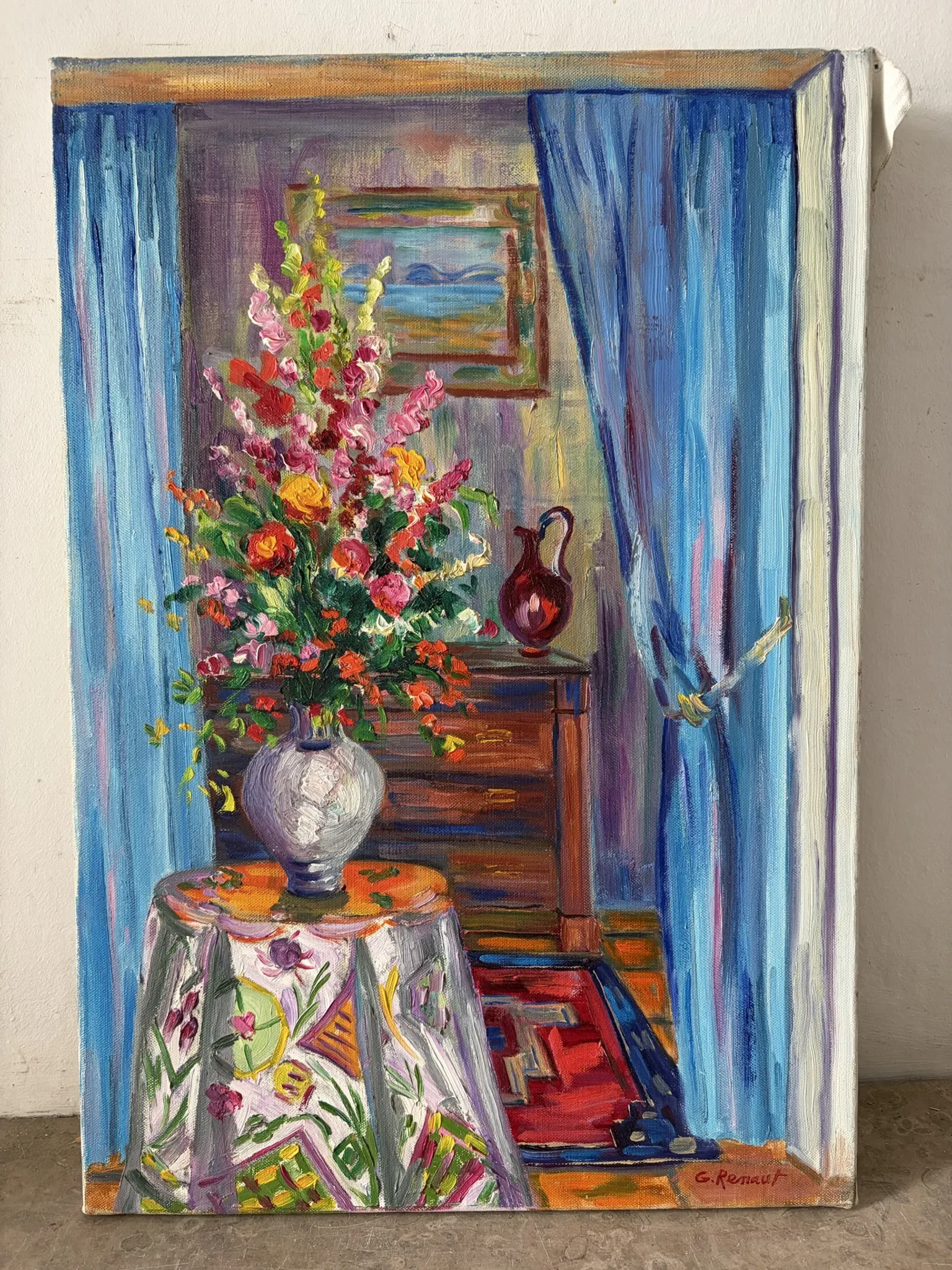 Blue interior with bouquet, oil on canvas signed Gisèle Renaut.