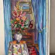 Blue interior with bouquet, oil on canvas signed Gisèle Renaut.