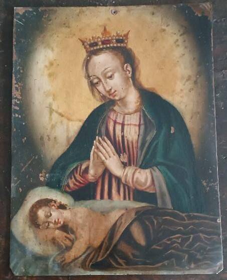 Antique painting on copper - 17th/18th century - Virgin and Child asleep