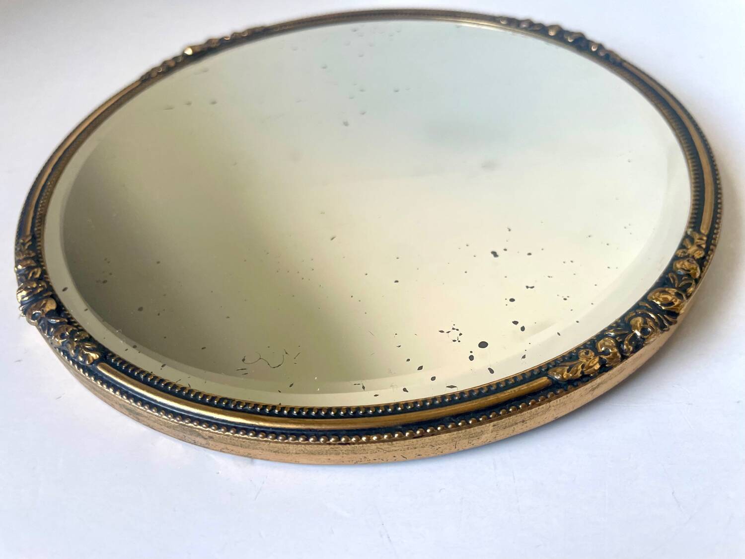 Antique Beveled Mirror with Metal frame Gold colored brass 14 cm diameter