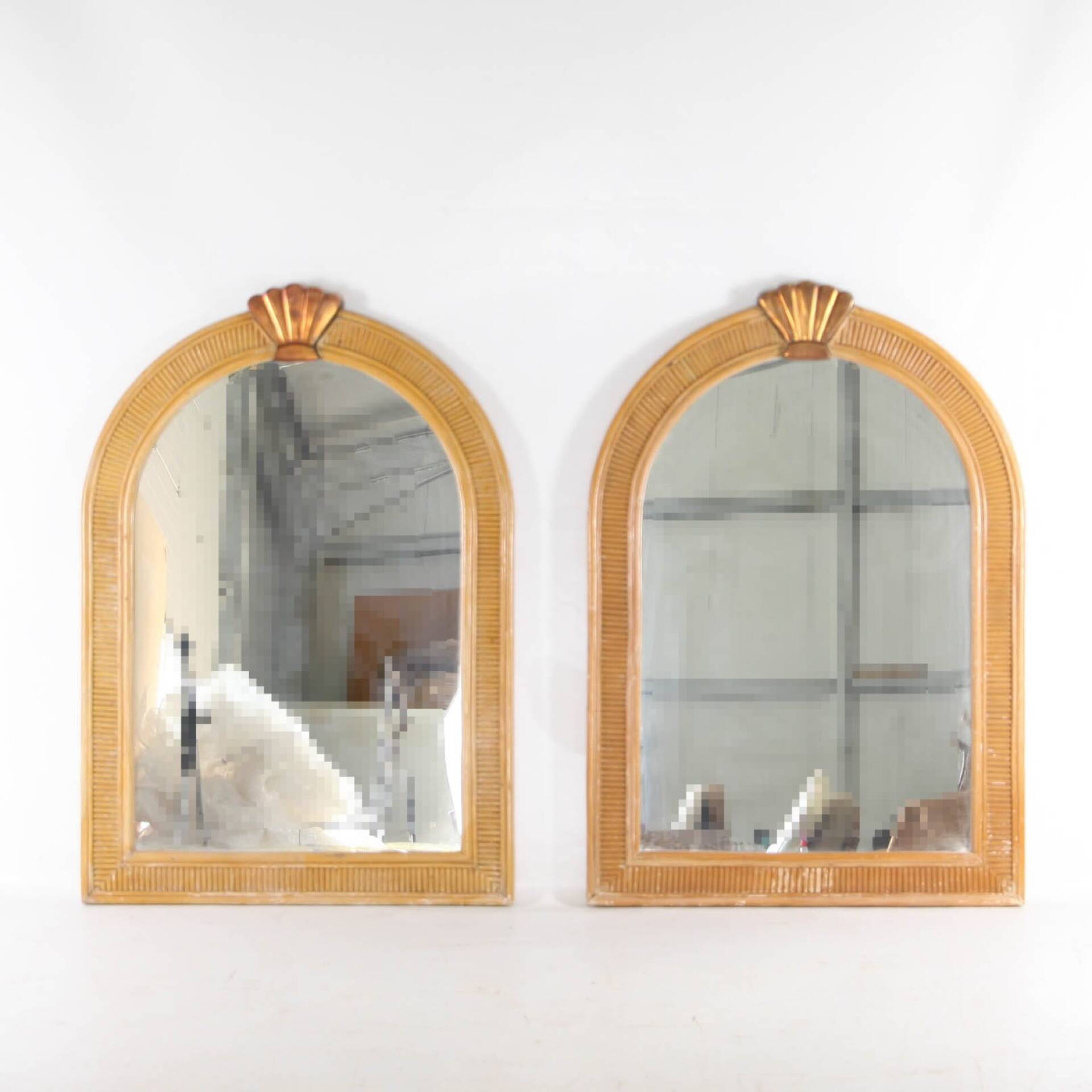 Pair of rattan and copper mirrors