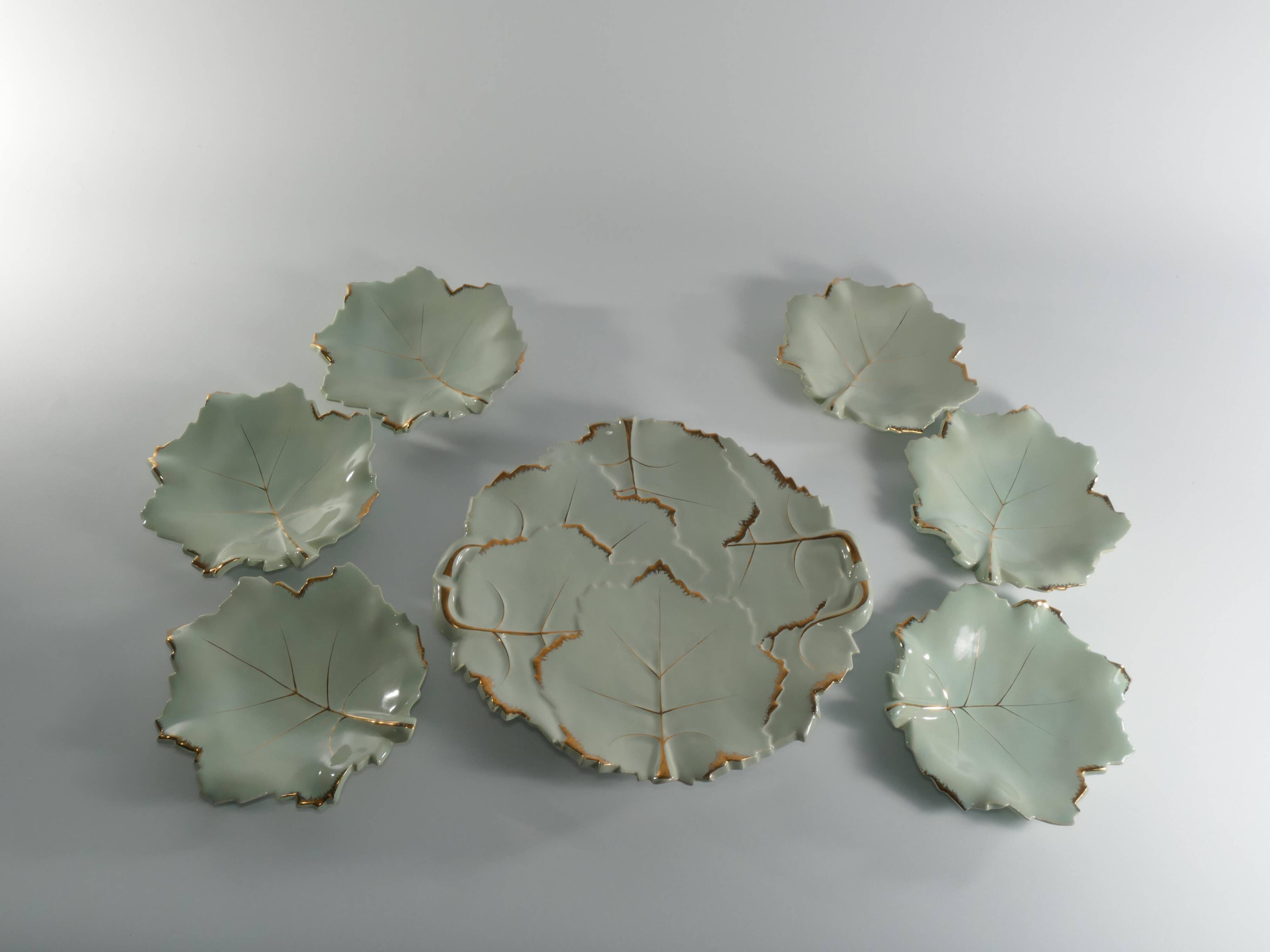Art Deco Pistachio and Gold Leaf Plates Viloca Paris Caffarelli