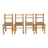 Chaises vintage en rotin et paille tissée, années 1960, lot de 4
