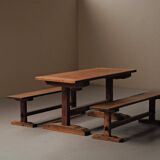 Table and pair of benches in solid pine – France, circa 1970