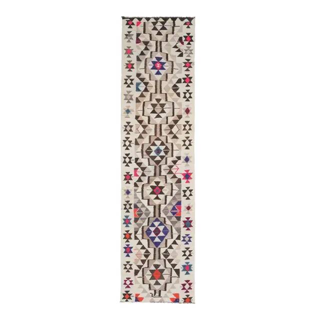 1970s Vintage Turkish Hand-Knotted Wool Cotton Beige Runner Rug 91x350