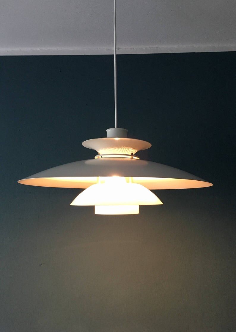 Danish mid century modern metal hanging lamp by Lyfa