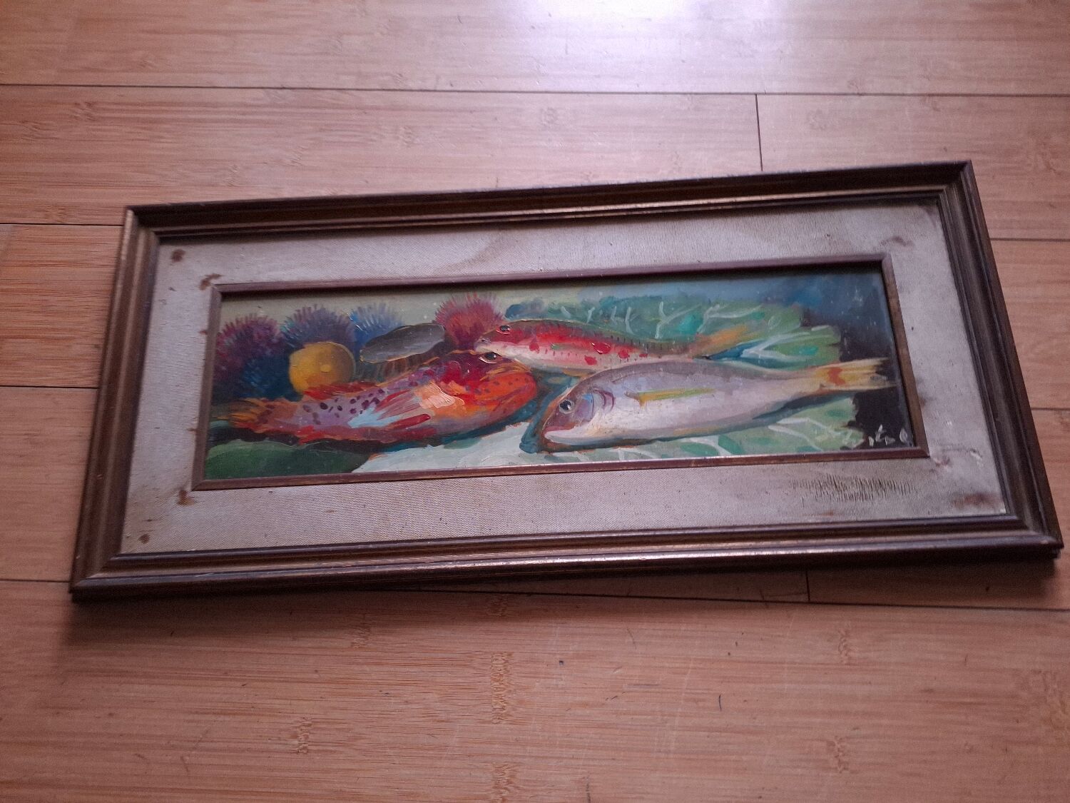 Oil on panel, still life with fish