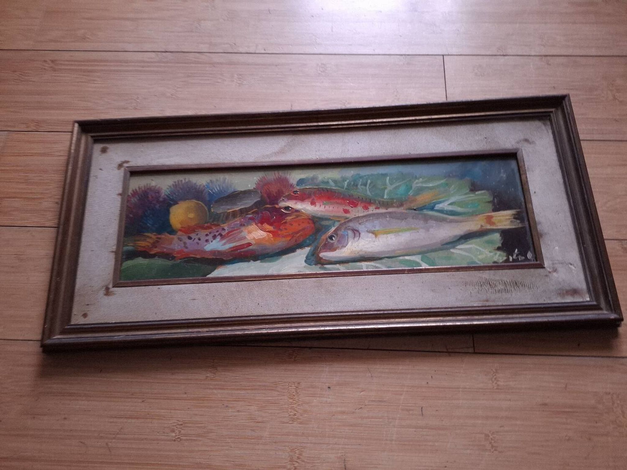 Oil on panel, still life with fish